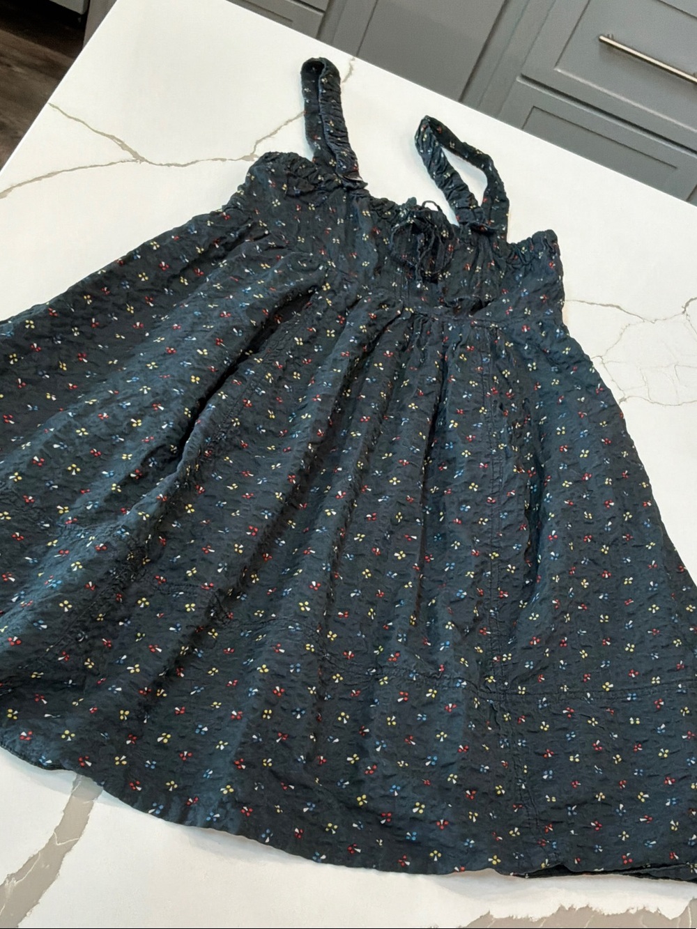 Marcy Marc Jacobs 2 Pockets Front Dark Blue Floral Sundress Smocked Bodice